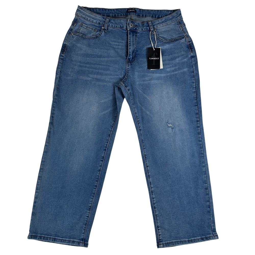 Flamingals Womens 2XL Straight Leg Crop Jeans Medium Wash High Rise Stretch NWT